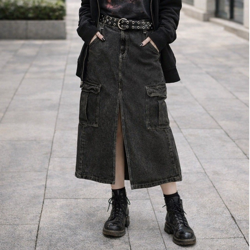 Love Fire Womens Skirt 13 Black Wash Cargo Pencil Slit Midi Casual Grunge Y2K